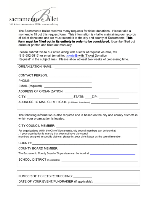 Fillable Sacramento Ballet Ticket Request Form Printable pdf