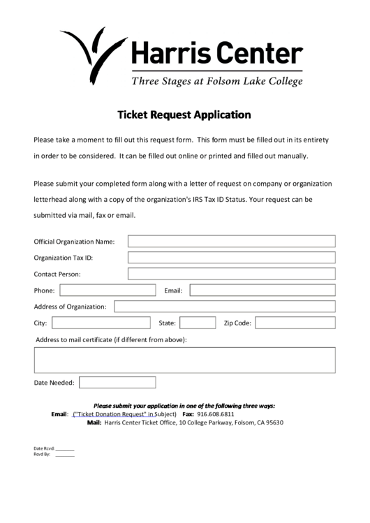 Fillable Harris Center Ticket Request Application Printable pdf