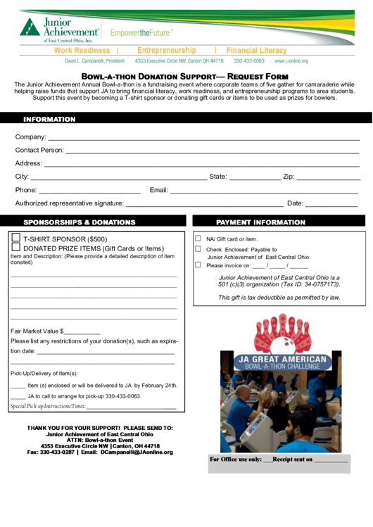 Fillable Bowl-A-Thon Donation Support Request Form Printable pdf