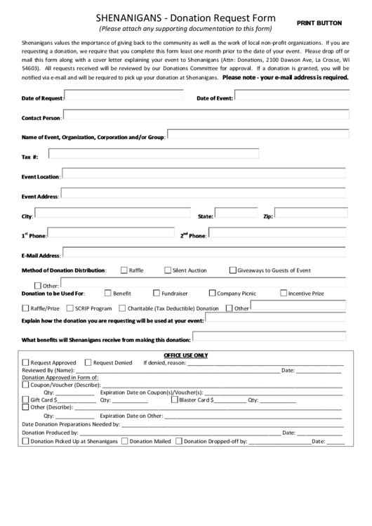 Fillable Shenanigans Donation Request Form Printable pdf