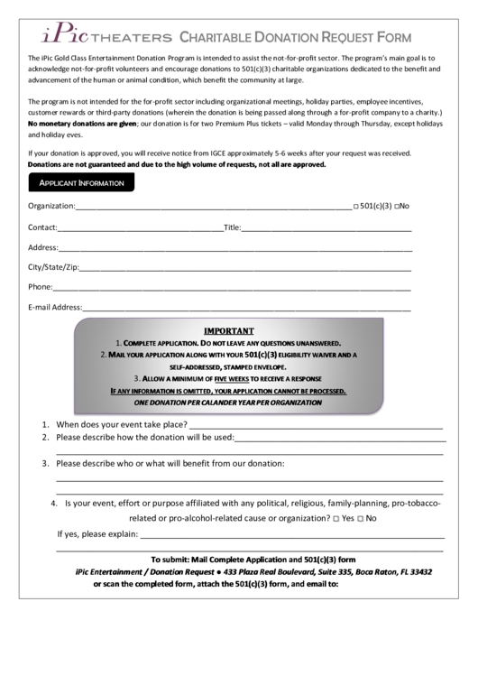 Fillable Ipic Donation Request Form Printable pdf
