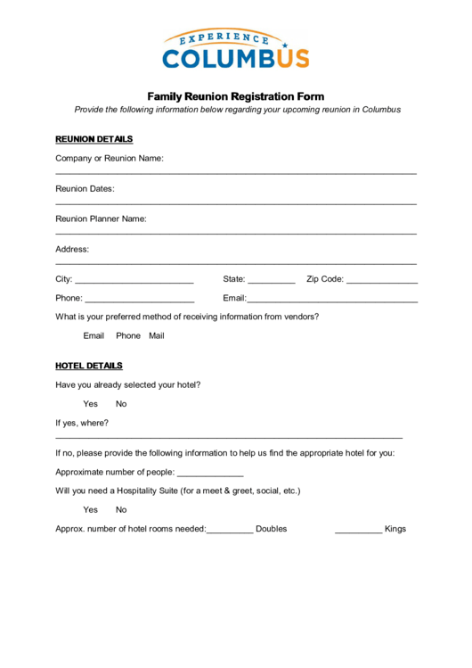 Fillable Family Reunion Registration Form Printable pdf