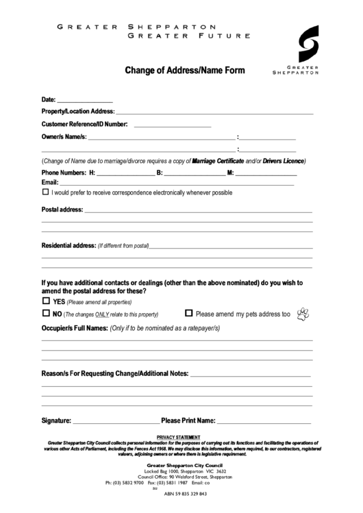 Fillable Change Of Address/name Form Printable pdf