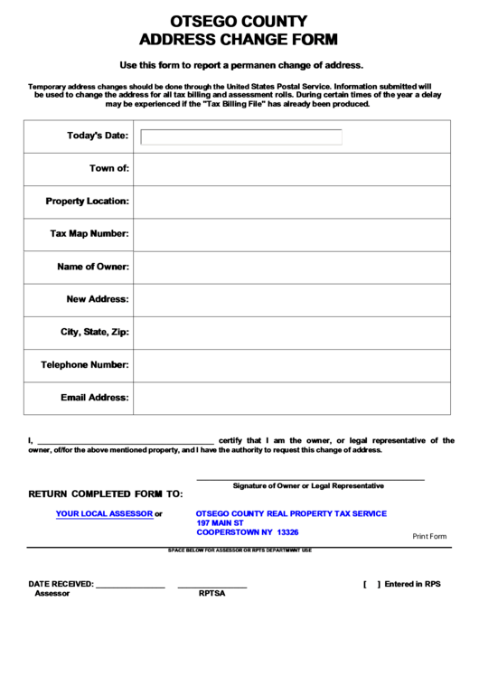 Otsego County Address Change Form Printable pdf