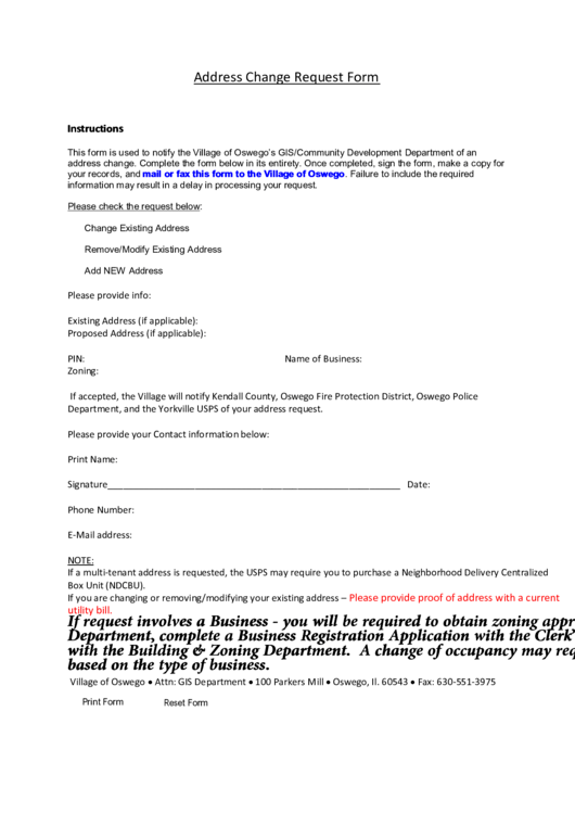 Fillable Address Change Request Form Printable pdf
