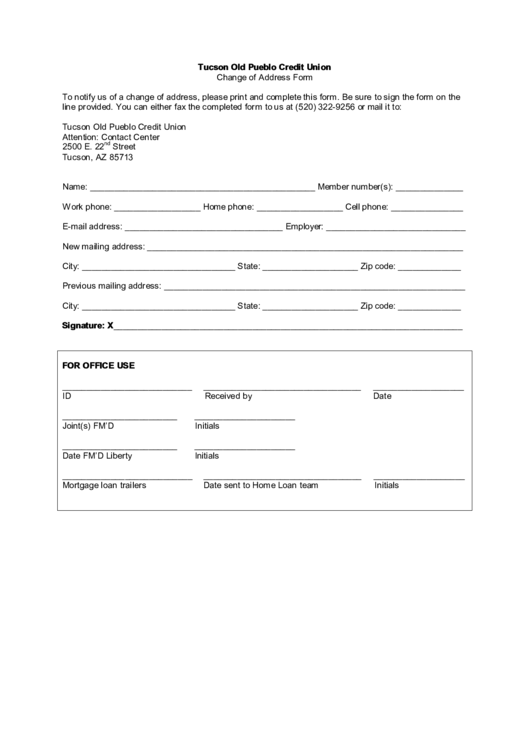 Fillable Tucson Old Pueblo Credit Union Change Of Address Form Printable pdf