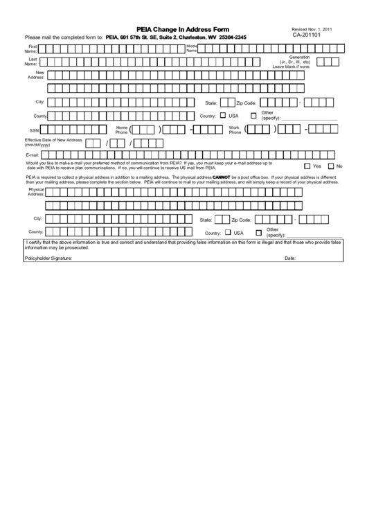 Fillable Peia Change In Address Form Printable pdf