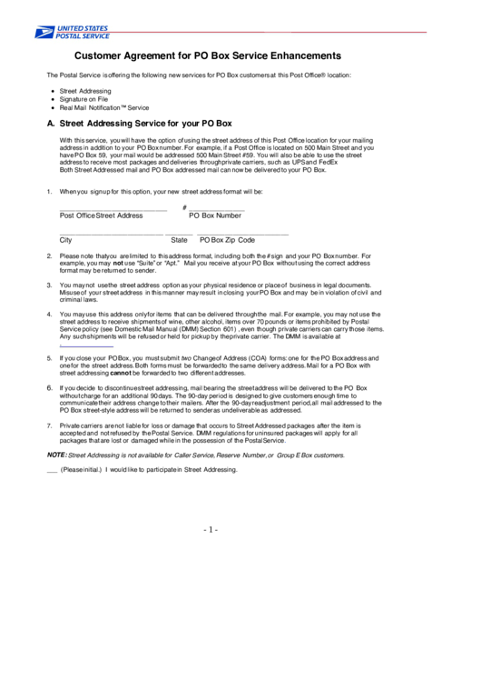 Fillable Customer Agreement For Po Box Services Enhancements Printable pdf