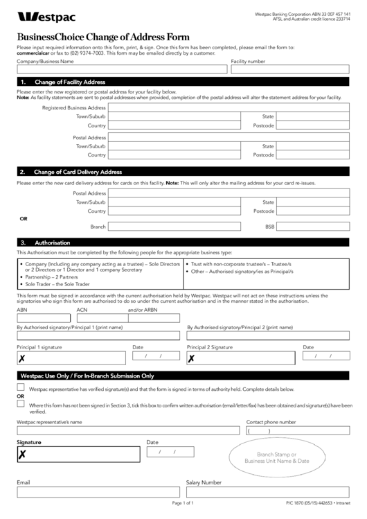 Fillable Business Choice Change Of Address Form Printable pdf
