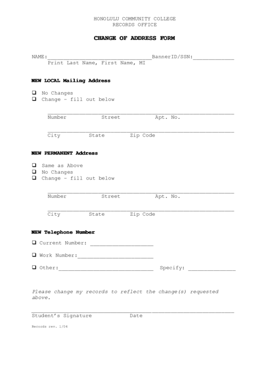 Fillable Change Of Address Form Printable pdf
