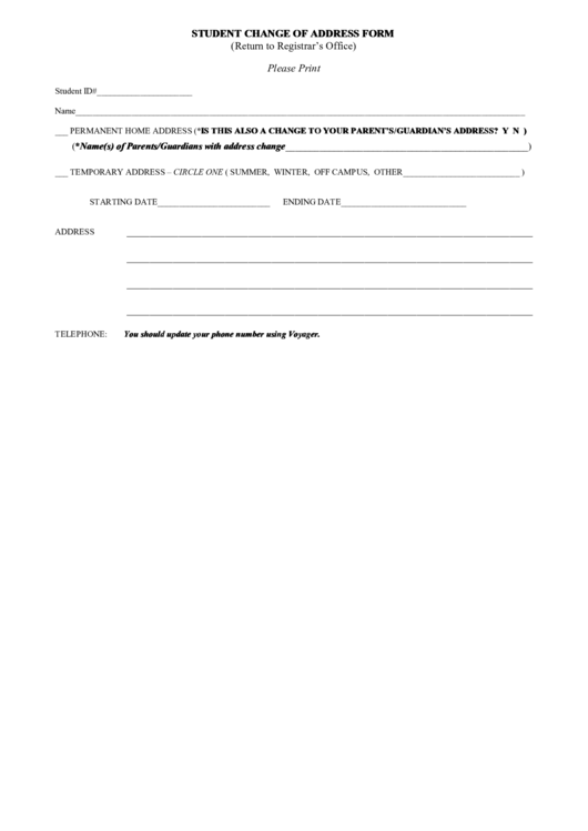 Fillable Student Change Of Address Form Printable pdf