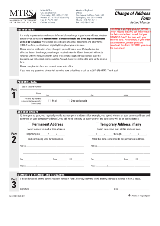 Fillable Mtrs Change Of Address Form Printable pdf