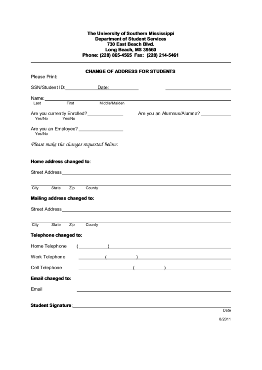 Fillable Change Of Address For Student Printable pdf