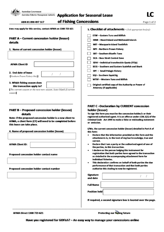 Fillable Application For Seasonal Lease Of Fishing Concessions Printable pdf