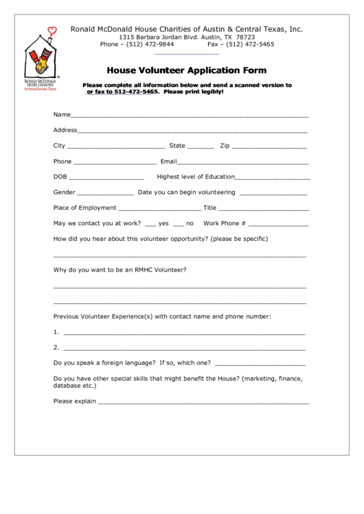 House Volunteer Application Form Printable pdf