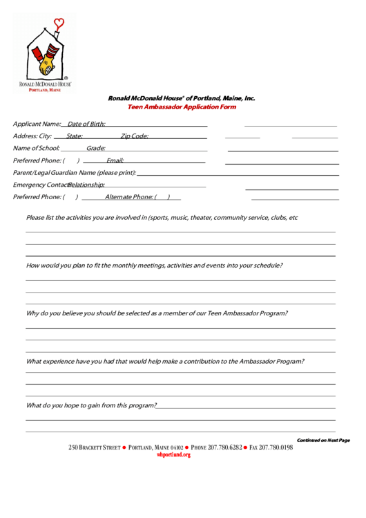 Fillable Teen Ambassador Application Form Printable pdf
