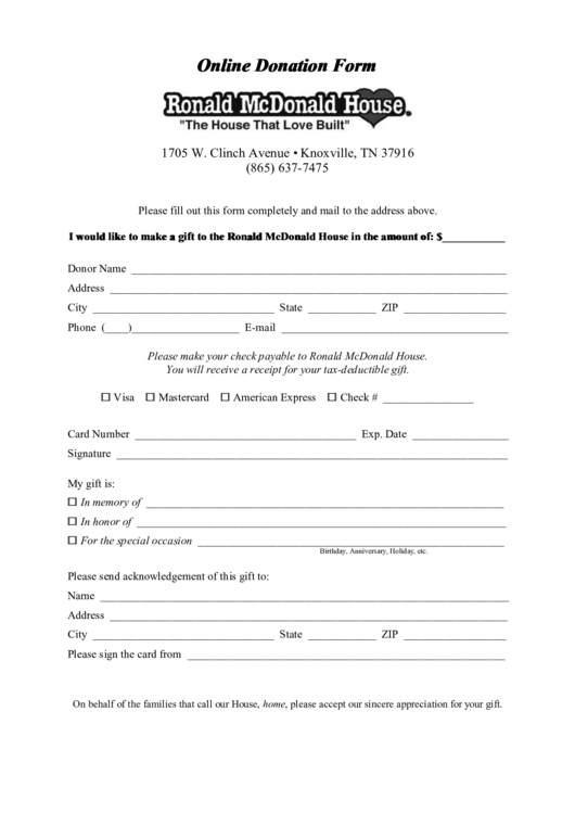 Fillable Ronald Mcdonald House Online Donation Form Printable pdf
