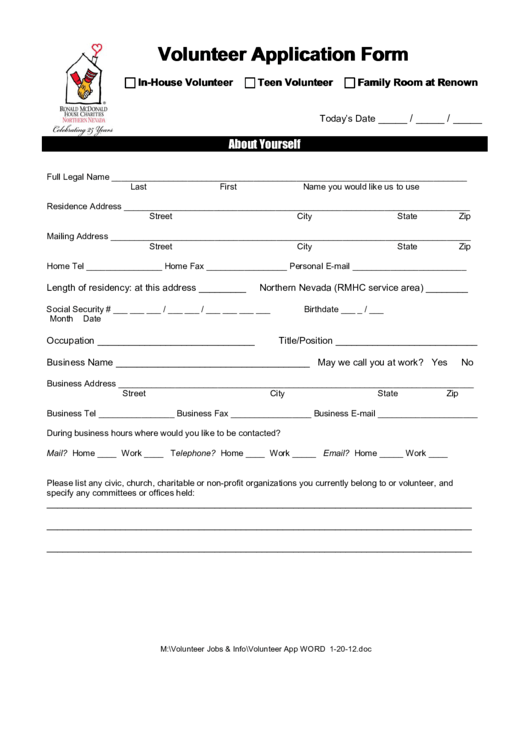 Fillable Volunteer Application Form Printable pdf