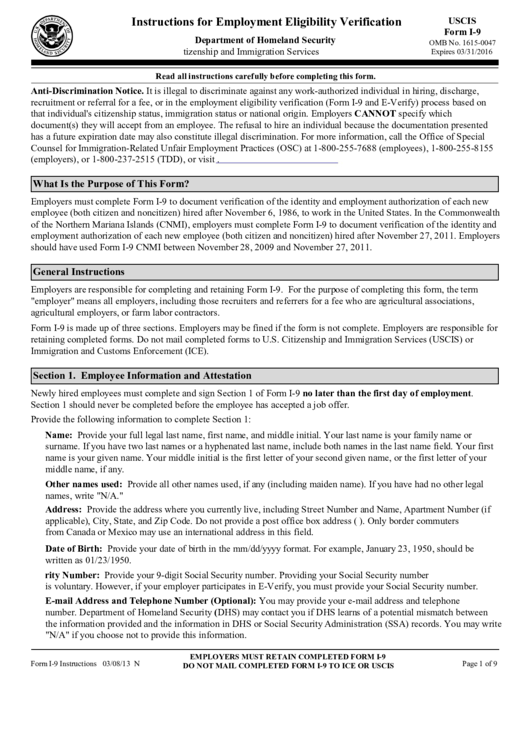 Fillable Uscis Form I-9 - Employment Eligibility Verification Printable pdf