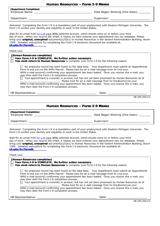 Fillable Human Resources - Form I - 9 Memo Printable pdf
