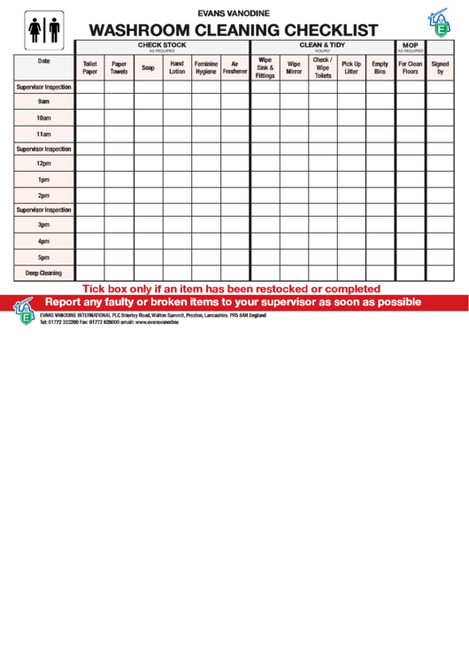 Fillable Restaurant Washroom Cleaning Checklist Printable pdf