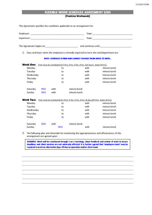 Fillable Flexible Work Schedule Agreement 9/80 Template Printable pdf
