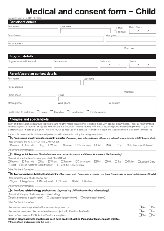 Fillable Medical And Consent Form - Child Printable pdf