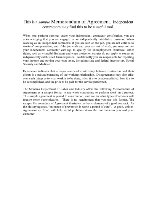 Fillable Memorandum Of Agreement Printable pdf