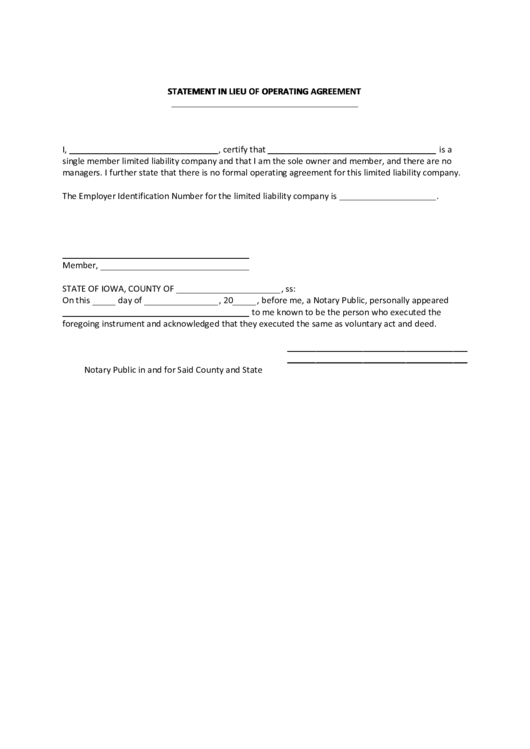 Fillable Statement In Lieu Of Operating Agreement - Limited Liability Company Printable pdf