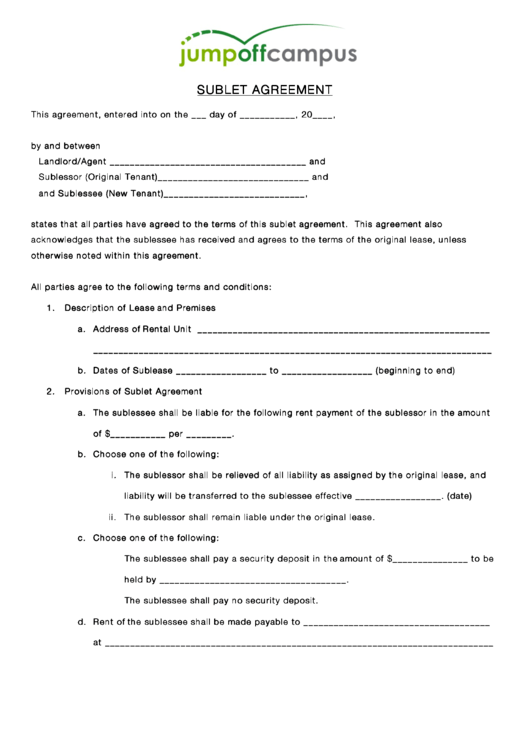 Fillable Jump Of Campus Sublet Agreement Printable pdf