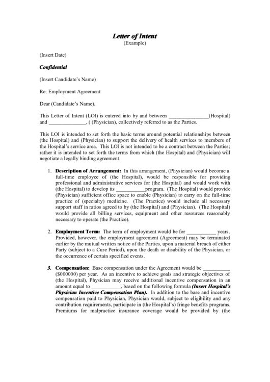 Letter Of Intent Between The Hospital And Physician Printable pdf