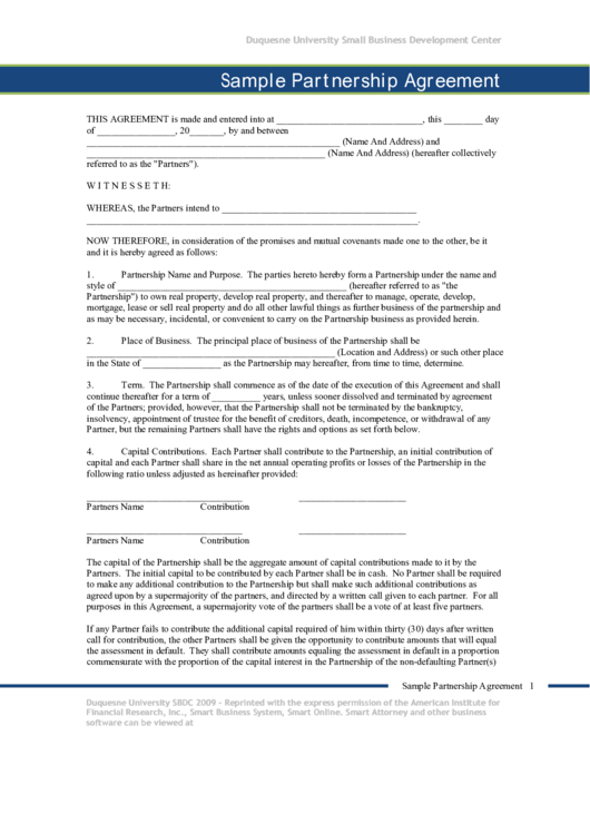 Sample Partnership Agreement Printable pdf