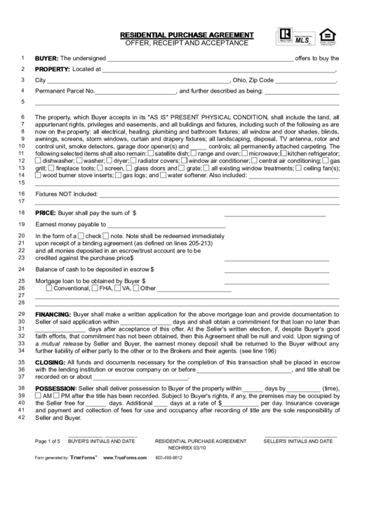 Residential Purchase Agreement Template - Offer, Receipt And Acceptance Printable pdf