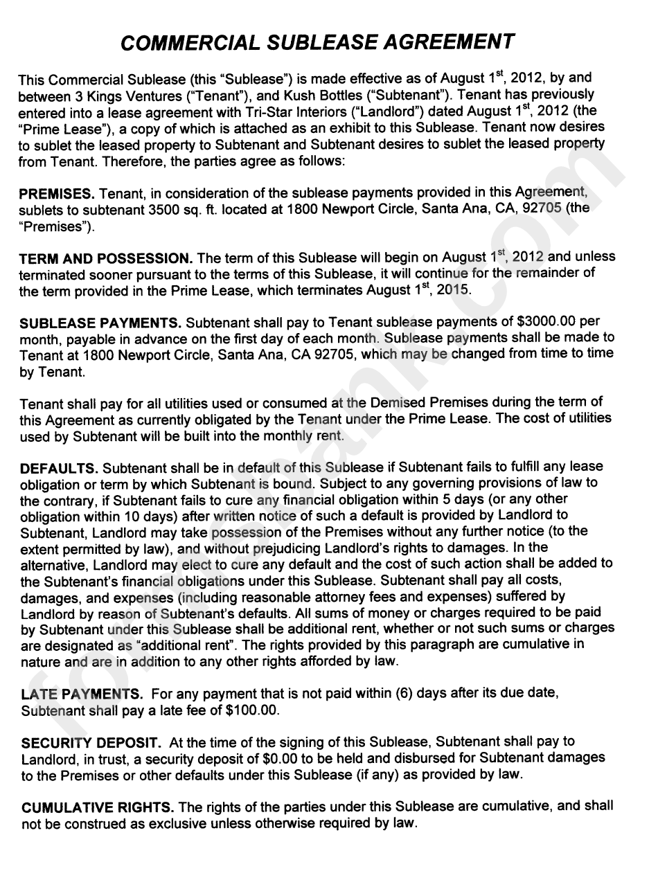 Commercial Sublease Agreement