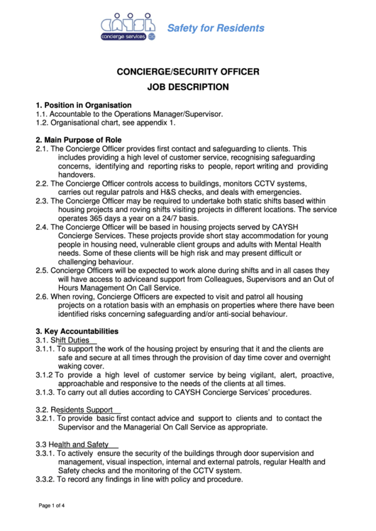 Concierge/security Officer Job Description Printable pdf