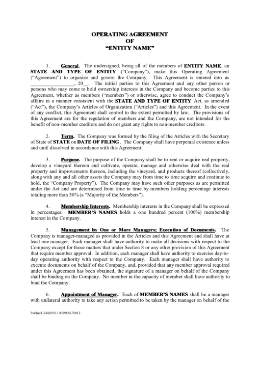 Operating Agreement Of Company Printable pdf