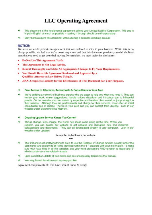 Llc Operating Agreement (Sample) Printable pdf