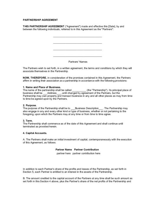 Fillable Partnership Agreement Template Printable pdf