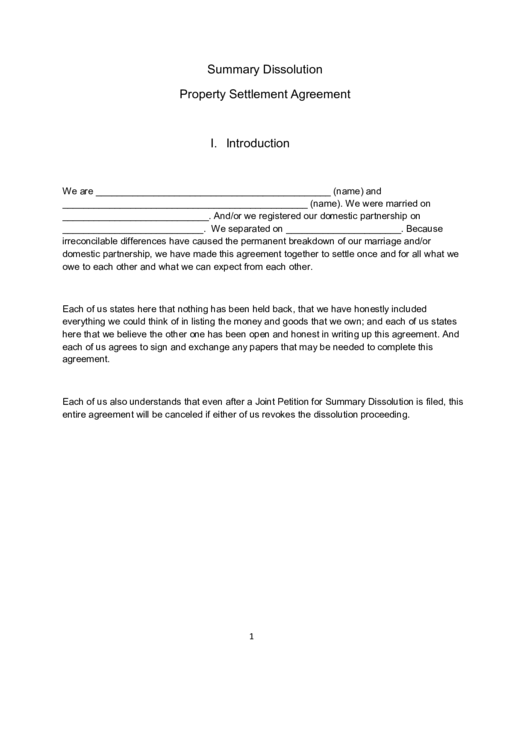 Fillable Summary Dissolution Property Settlement Agreement Printable pdf