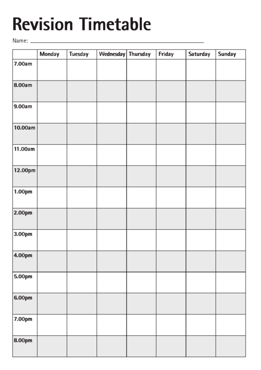 Revision Timetable Template Printable pdf