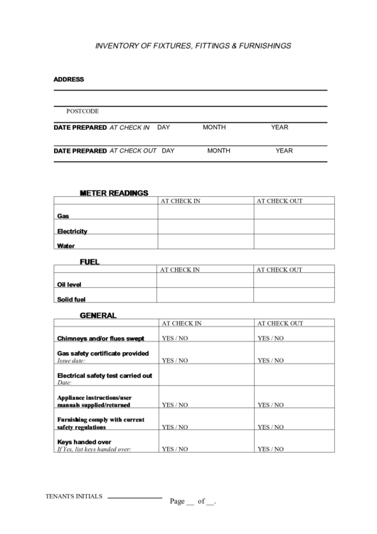 Inventory Of Fixtures, Fittings & Furnishings Printable pdf