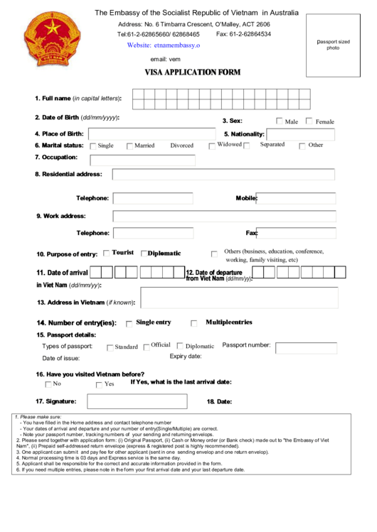 Vietnam Visa Application Form Printable Pdf Download