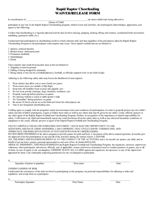 Rapid Raptor Cheerleading - Waiver/release Form Printable pdf