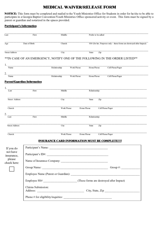 Medical Waiver/release Form Printable pdf
