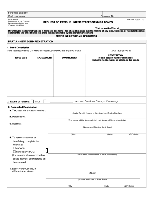 Fillable Form Pd F 4000 E - Request To Reissue United States Savings Bonds Printable pdf