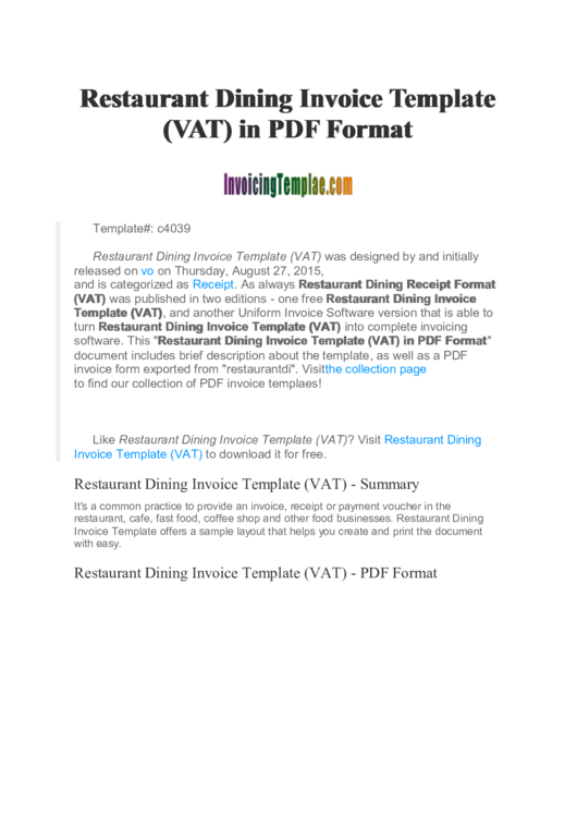 Restaurant Dining Invoice Template Printable pdf