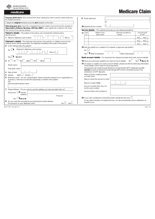 Fillable Form Ms014.1607 (Formerly Pc1) - Medicare Claim Printable pdf