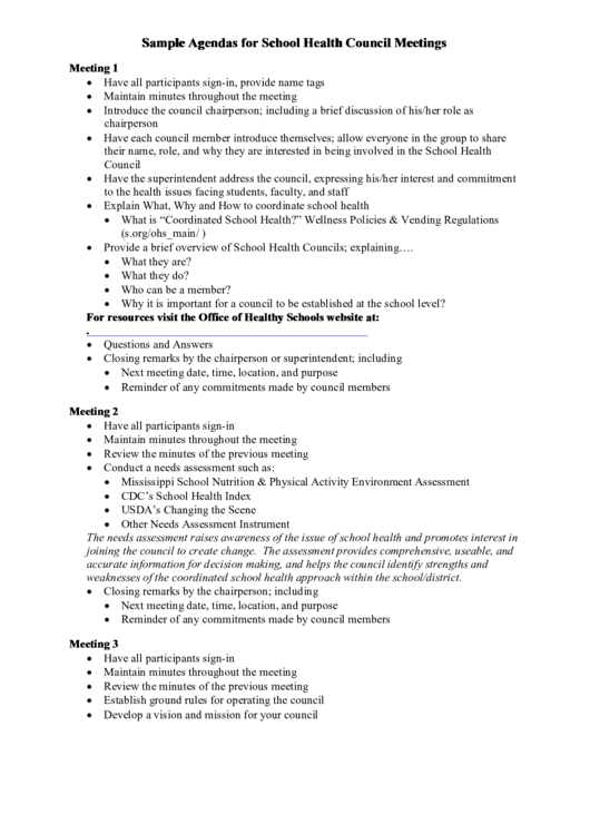 Sample Agendas For School Health Council Meetings Printable pdf