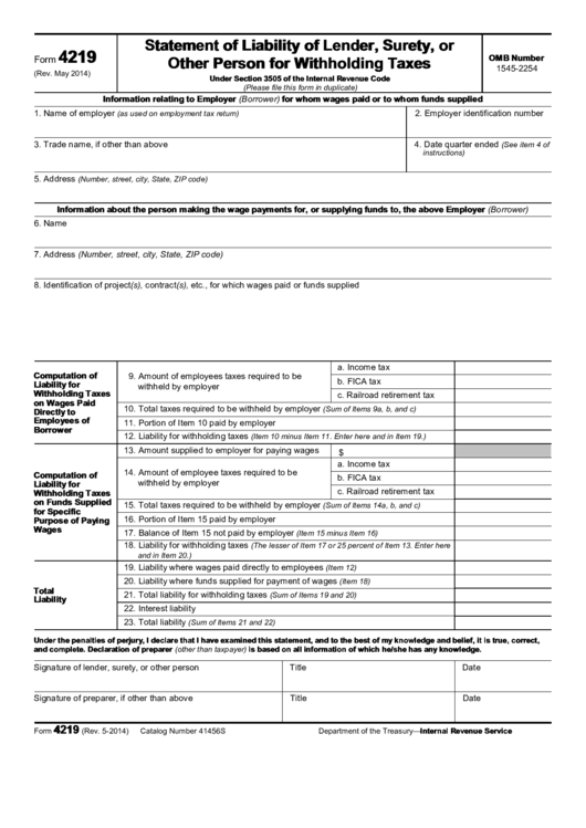 Fillable Form 4219 - Statement Of Liability Of Lender, Surety, Or Other Person For Withholding Taxes Printable pdf