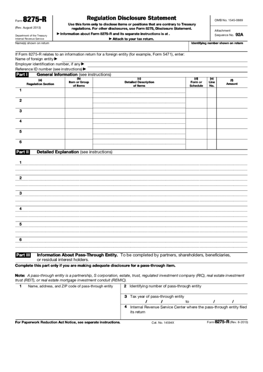 Fillable Form 8275-R - Regulation Disclosure Statement Printable pdf